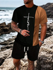 Ensemble t-shirt bicolore et short noir et marron — vue portée en pied