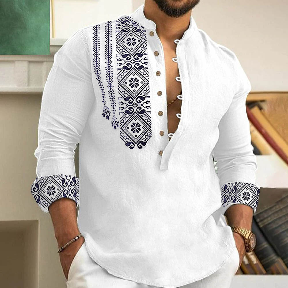 Chemise imprimée ethnique blanche, vue portée de face