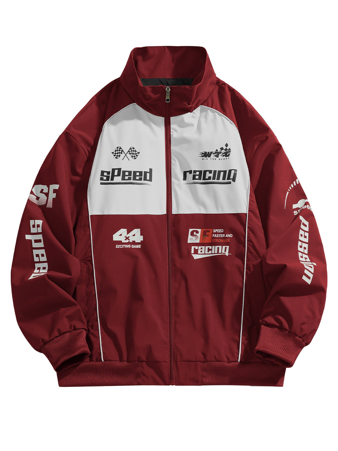 Blouson graphique bordeaux à col montant, imprimés racing, vue de face