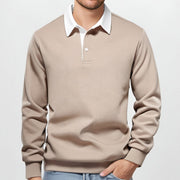 Polo blocs couleur manches longues beige — vue portée de face