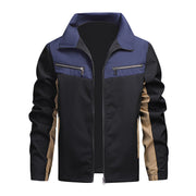 Veste zippée col montant bicolore — noire à empiècement bleu marine, ouverte de face