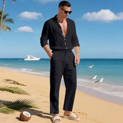 Ensemble chemise lin pantalon noir — vue portée en pied