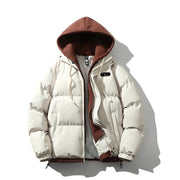 Veste à capuche effet superposé — doudoune écrue, capuche et plastron marron