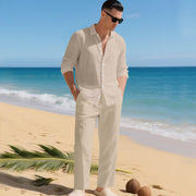 Ensemble chemise lin pantalon beige clair — vue portée en pied