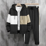 Ensemble capuche blocs contrastants — noir sur cintre, blocs blanc et beige