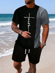Ensemble t-shirt bicolore et short noir et gris — vue portée en pied