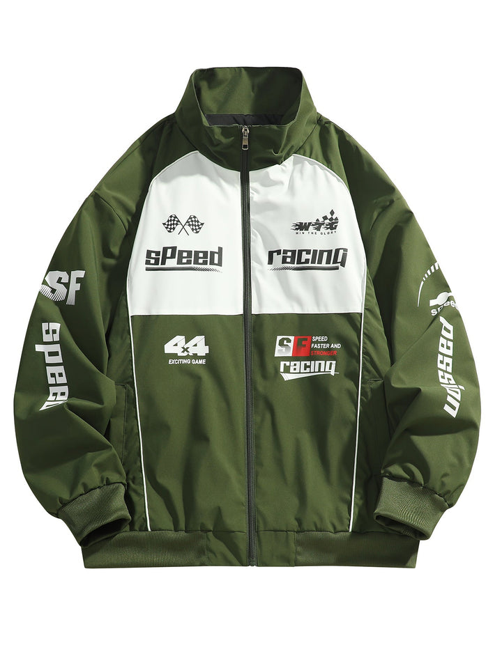Blouson graphique vert kaki à col montant, imprimés racing, vue de face