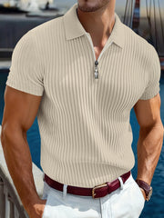 Polo maille manches courtes beige — vue portée de face