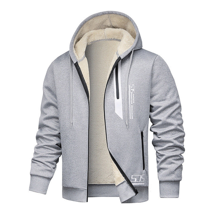 Blouson gris clair ouvert à capuche et doublure beige, vu de face.