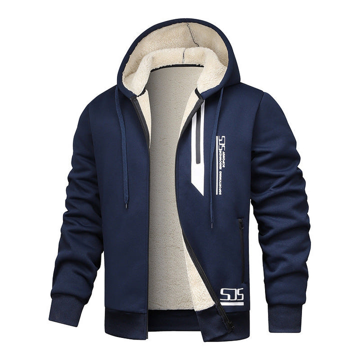 Blouson bleu marine ouvert à capuche, doublure beige et inscriptions visibles.