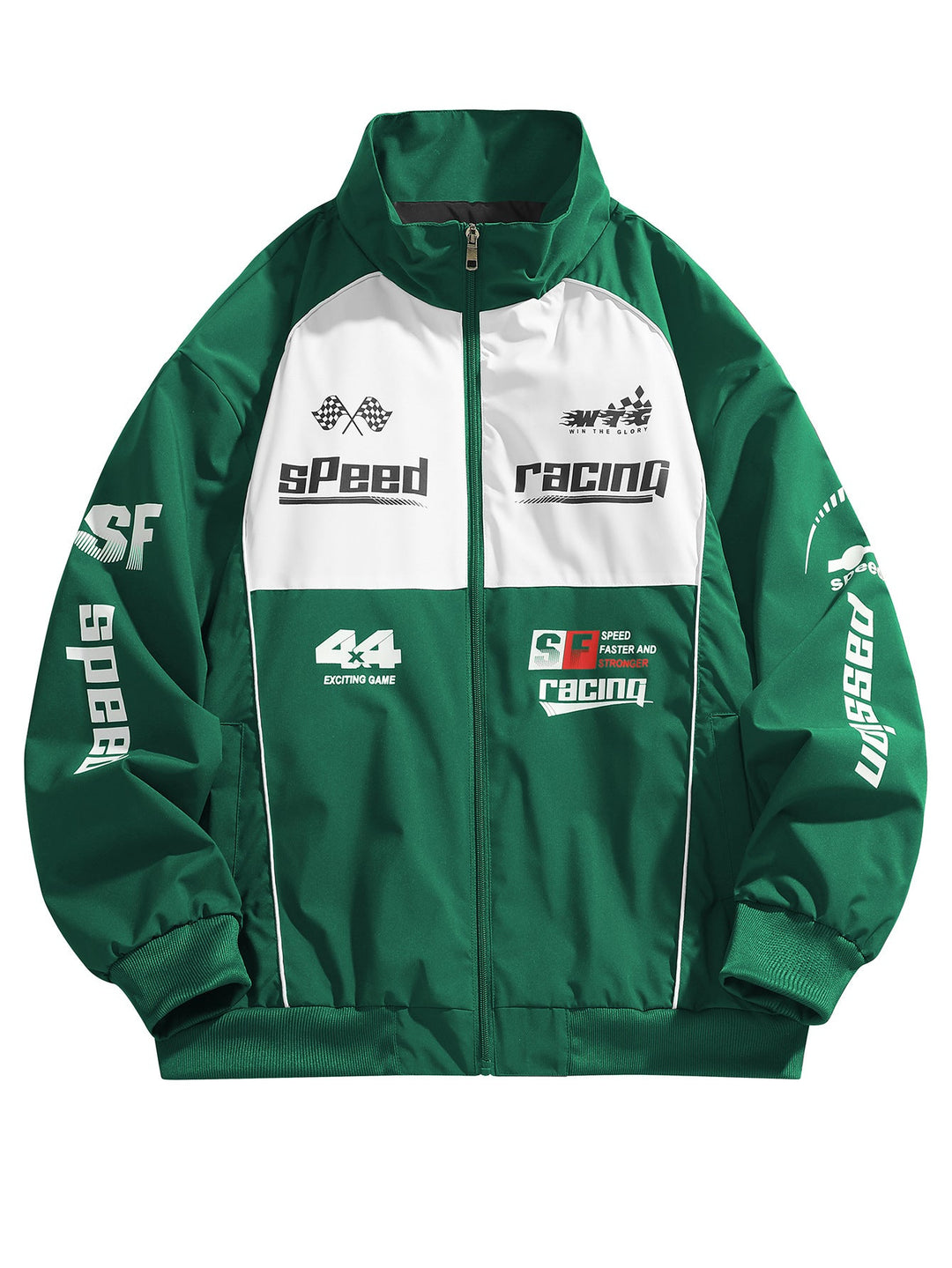 Blouson graphique vert à col montant, imprimés racing, vue de face