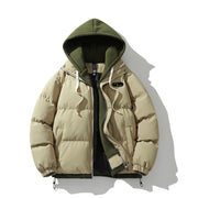 Veste à capuche effet superposé — doudoune beige sable, capuche kaki superposée