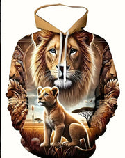 Sweat à capuche avec un lion et un lionceau dans un paysage.
