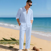 Ensemble chemise lin pantalon bleu ciel — vue portée en pied