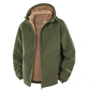 Veste vert olive à capuche, ouverte de face avec doublure beige.