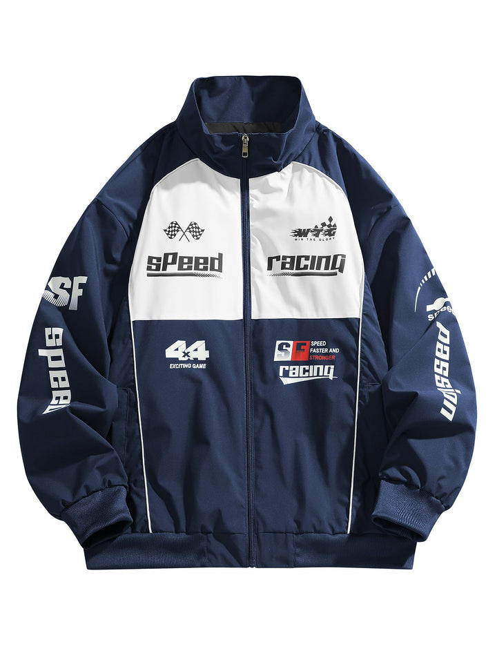 Blouson graphique bleu marine à col montant, imprimés racing, vue de face