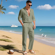 Ensemble chemise lin pantalon vert sauge — vue portée en pied