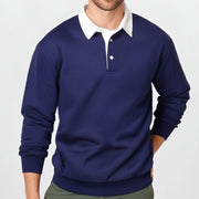 Polo blocs couleur manches longues bleu marine — vue portée de face
