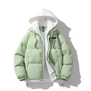 Veste à capuche effet superposé — doudoune vert pastel, capuche blanche superposée