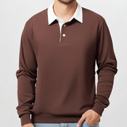 Polo blocs couleur manches longues marron — vue portée de face
