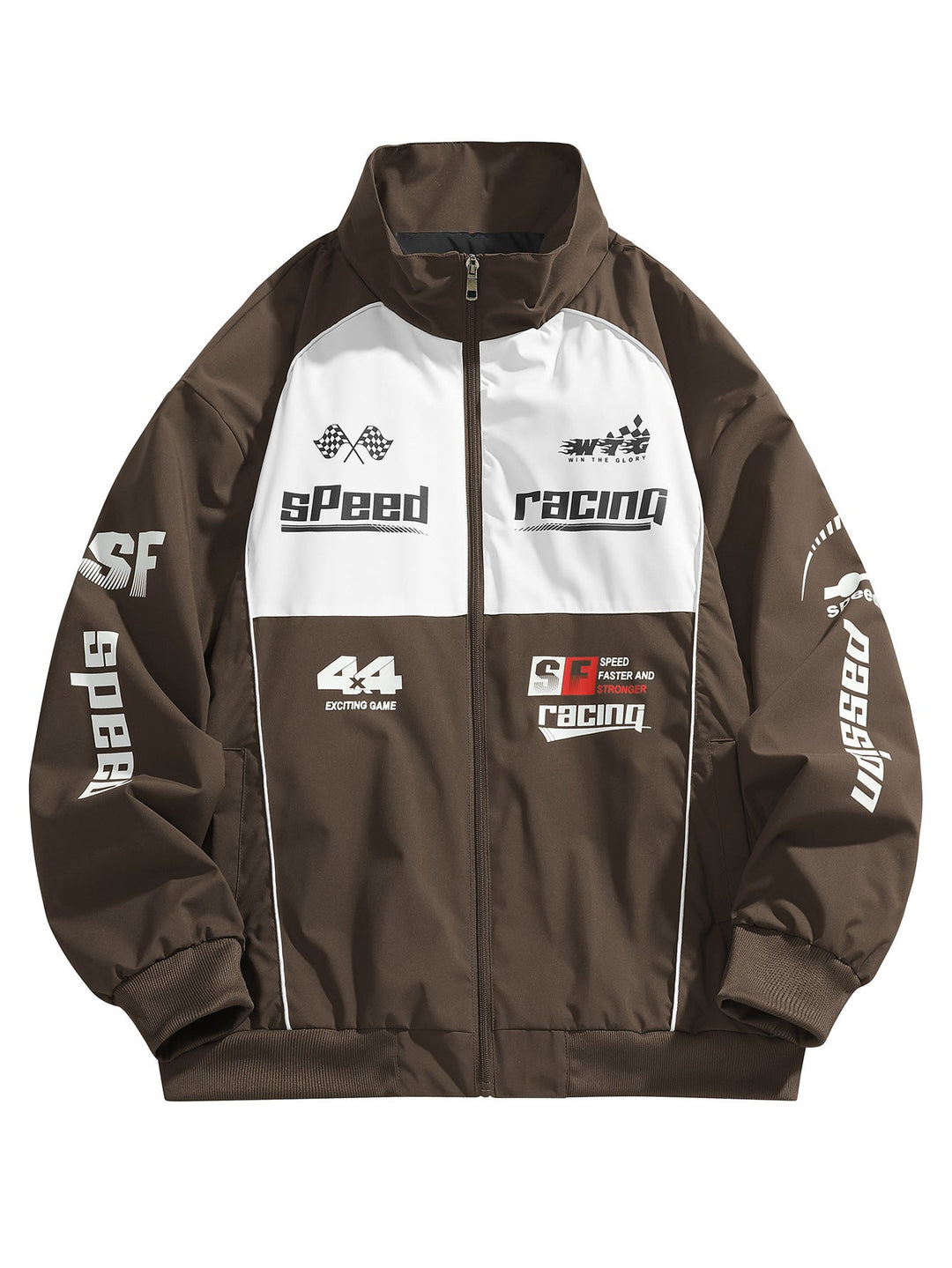 Blouson graphique marron à col montant, imprimés racing, vue de face