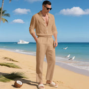 Ensemble chemise lin pantalon sable — vue portée en pied