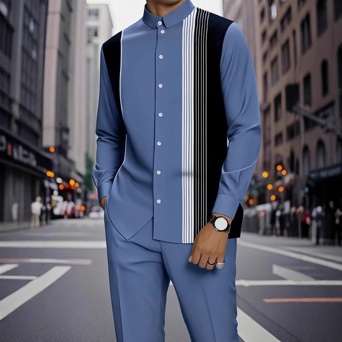 Ensemble manches longues et pantalon bleu — vue portée de face