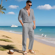 Ensemble chemise lin pantalon gris — vue portée en pied