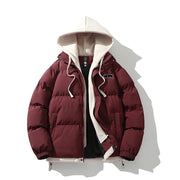 Veste à capuche effet superposé — doudoune bordeaux, capuche écrue et cordons