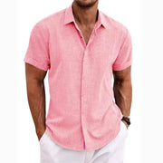 Chemise boutonnée manches courtes — rose portée de face, aspect lin