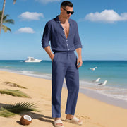Ensemble chemise lin pantalon bleu marine — vue portée en pied
