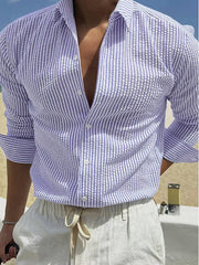 Chemise rayée violet et blanc, vue portée de face
