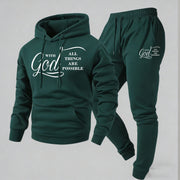 Ensemble sweat capuche imprimé jogging — vert foncé présenté à plat, sweat et jogging