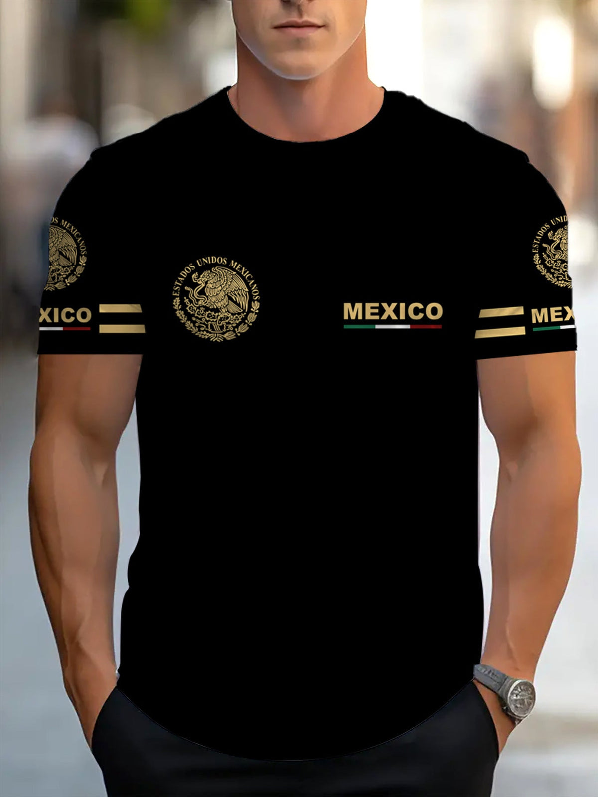 T-shirt noir imprimé Mexico — vue portée de face, émblèmes dorés et lettrage