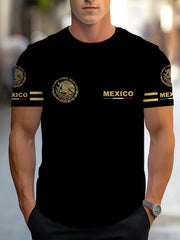T-shirt noir imprimé Mexico — vue portée de face, émblèmes dorés et lettrage