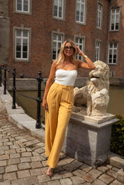 Top bustier effet maille porté par une femme, vue de trois-quarts, lion en pierre, pantalon jaune