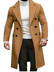 Manteau croisé à revers crantés camel — vue portée de face