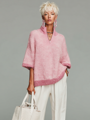 Pull zippé à manches courtes rose — vue portée de face