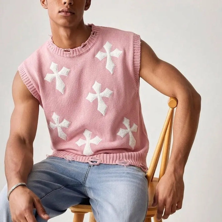 Pull sans manches motifs croix rose — vue portée assise