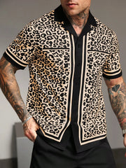 Chemise léopard manches courtes beige — vue portée de face, portrait