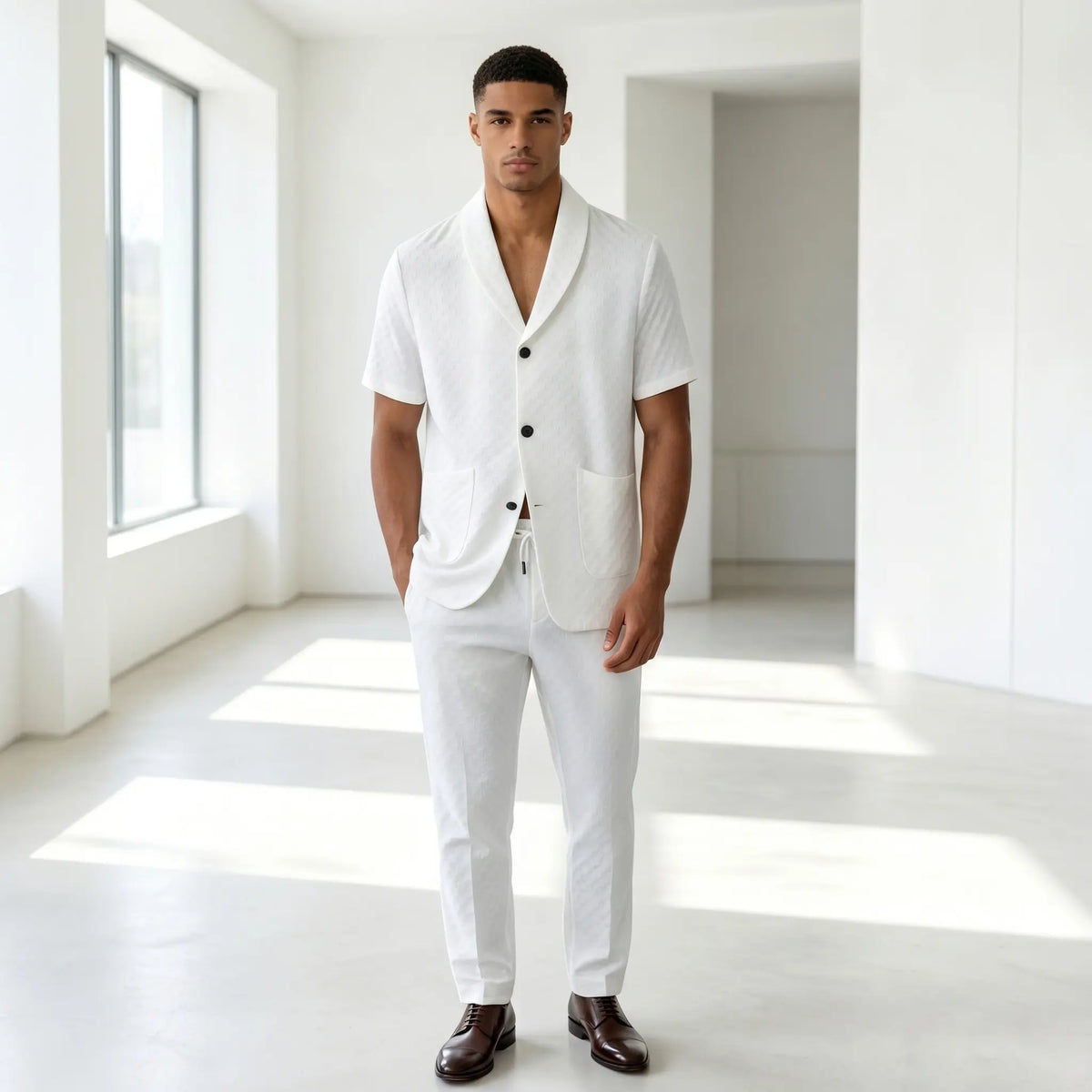 Ensemble polo et pantalon uni blanc — vue portée en pied, intérieur lumineux