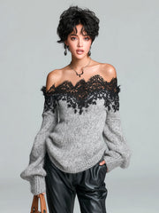 Pull épaules dégagées bordure dentelle gris chiné — vue portée de trois-quarts