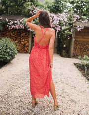 Robe fleurie à col montant portée par une femme, vue de trois-quarts, jardin, dos croisé
