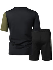 Ensemble t-shirt bicolore et short noir et vert olive — vue à plat