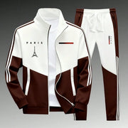 Ensemble zippé à bandes contrastantes — marron et blanc, bandes blanches sur les manches