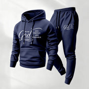 Ensemble sweat capuche imprimé jogging — bleu marine présenté à plat, jogging resserré
