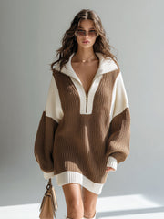 Robe-pull bicolore à col zippé — vue portée en pied, de trois-quarts