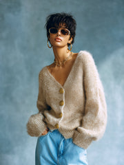 Gilet camel clair col V — vue portée de trois-quarts, lunettes de soleil