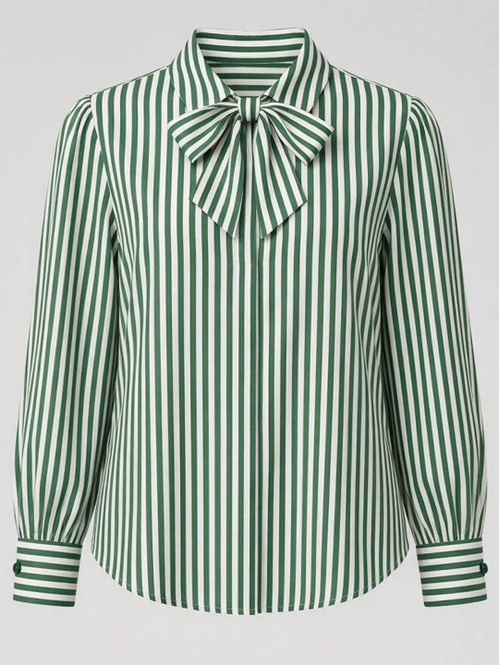 Blouse rayée verte nœud au col — vue de face