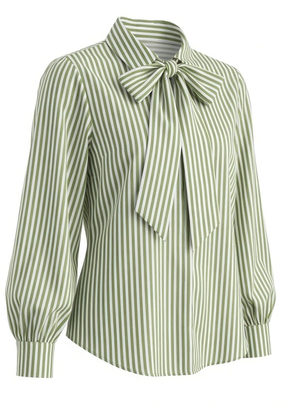 Blouse rayée verte nœud au col — vue de profil